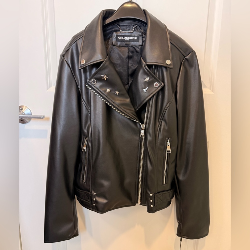 $250 Karl Lagerfeld Paris Women's Logo Pin‎ Asymmetrical Moto Jacket Size XL - Picture 3 of 8